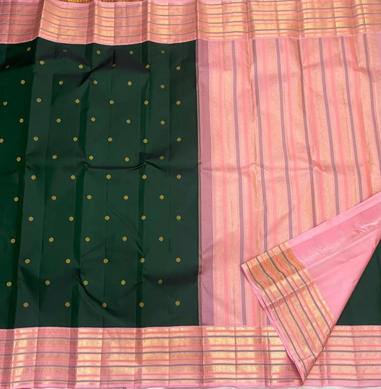 Bottle Green Butta Zari Korvai Kanchipuram Bridal Silk Saree